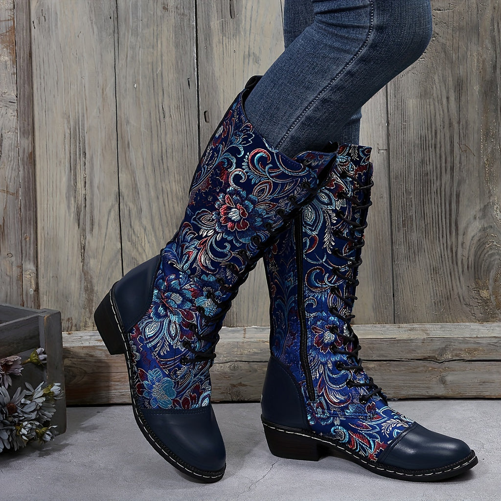 Botas Femininas Chinesas com Bico Redondo e Salto Baixo - Fechamento com Zíper - Botas de Tecido Adequadas para Looks Casuais, Elegantes e Informais - Estampa de Flor Chinesa
