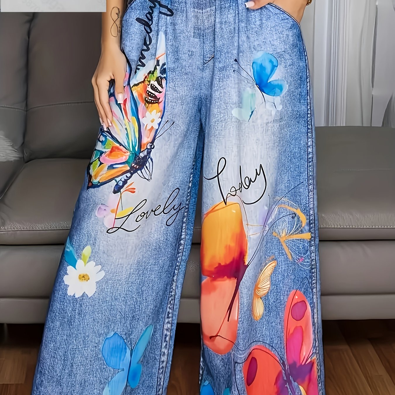 Wide Leg Plus Size Pants with Butterfly Print & Elastic Waist
