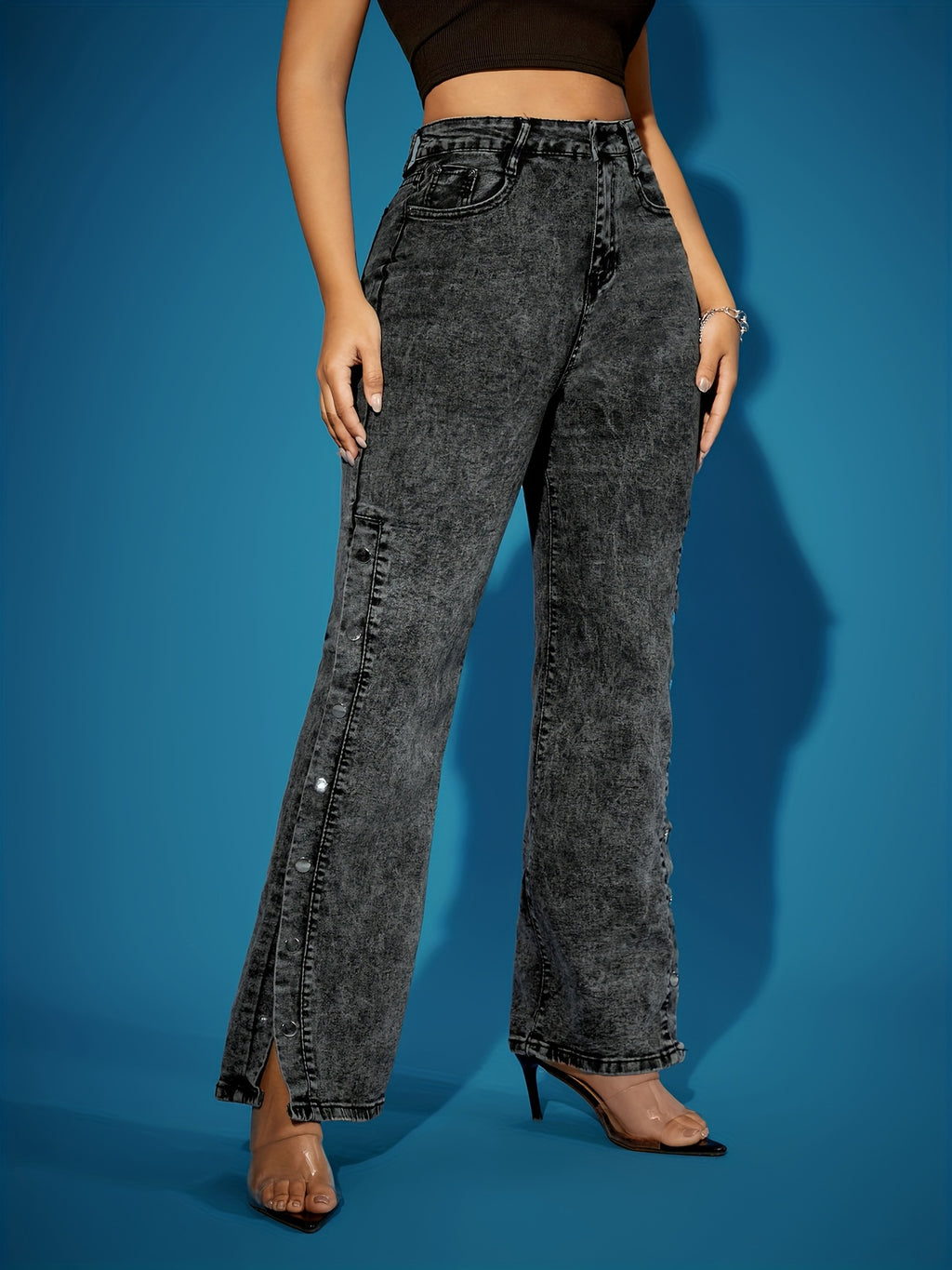 Calças Jeans Retrô Femininas de Perna Reta com Botões