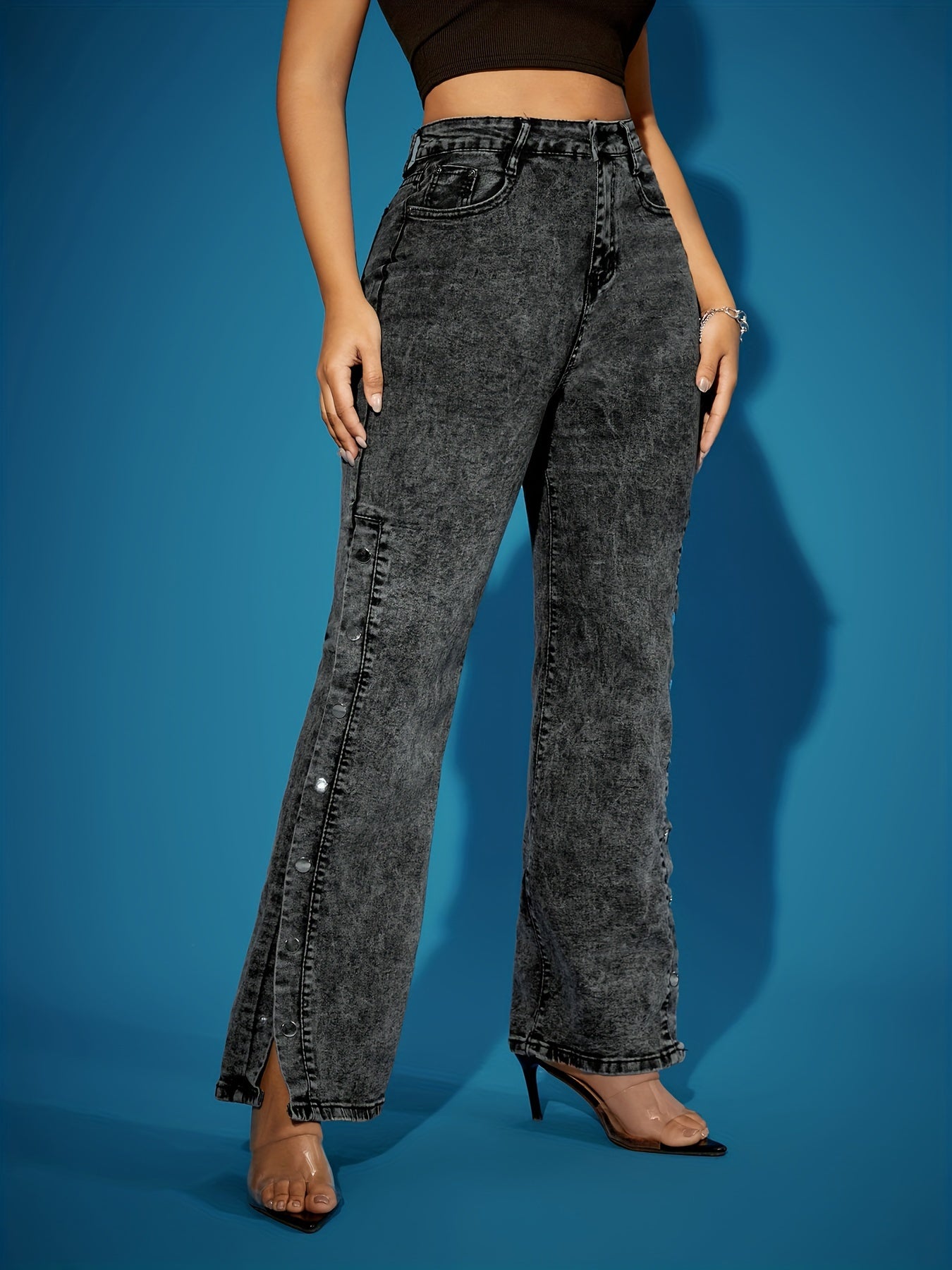 Calças Jeans Retrô Femininas de Perna Reta com Botões