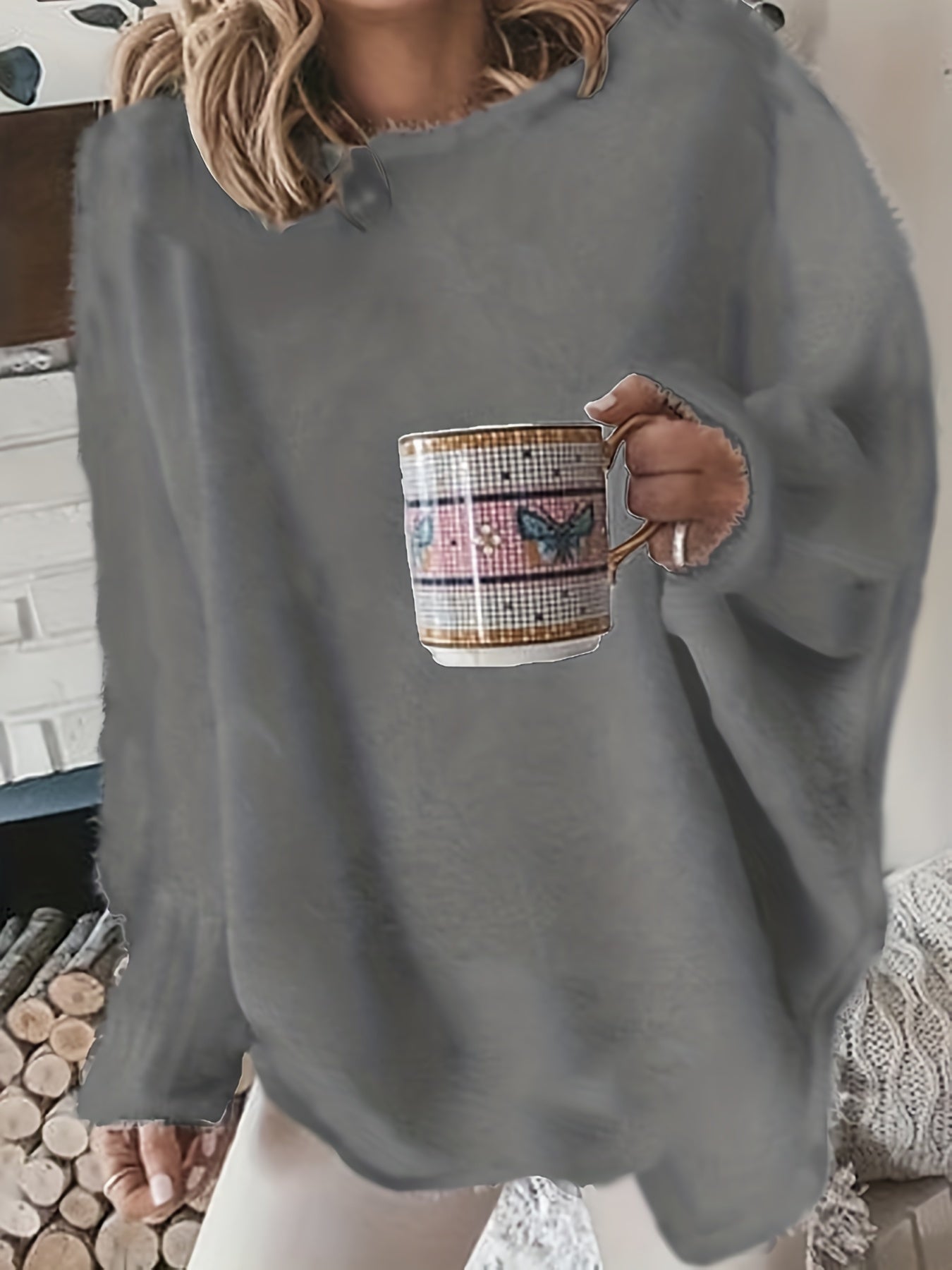 Suéter preto de tamanho grande para mulher - Pulôver aconchegante com mangas compridas, estilo elegante para o inverno, uso casual, suéter de inverno|Estilo casual|Tecido elástico