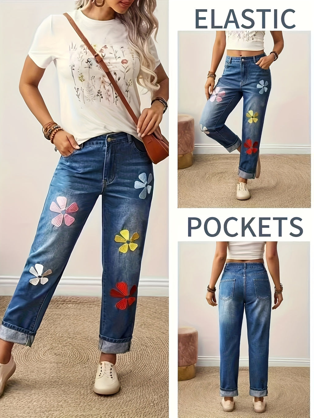 Calças Jeans Femininas Elásticas - Calças de Stretch Não Transparentes com Estampa Floral (Rosa/Vermelho/Amarelo), Corte Reto para Looks Casuais e Formais, Lavável em Máquina, Bordado Decorativo, Moda Confortável