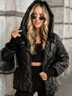 Casaco Acolchoado Xadrez Espesso e Quente para Mulheres, Novo Casaco Acolchoado Grosso e Solto para Outono/Inverno, Casaco com Capuz Quente e à Prova de Vento para Mulheres, Casaco Casual, Casaco Acolchoado Solto, Casaco Acolchoado Xadrez, Casaco Acolchoado com Capuz, Jaqueta da Moda, Casaco