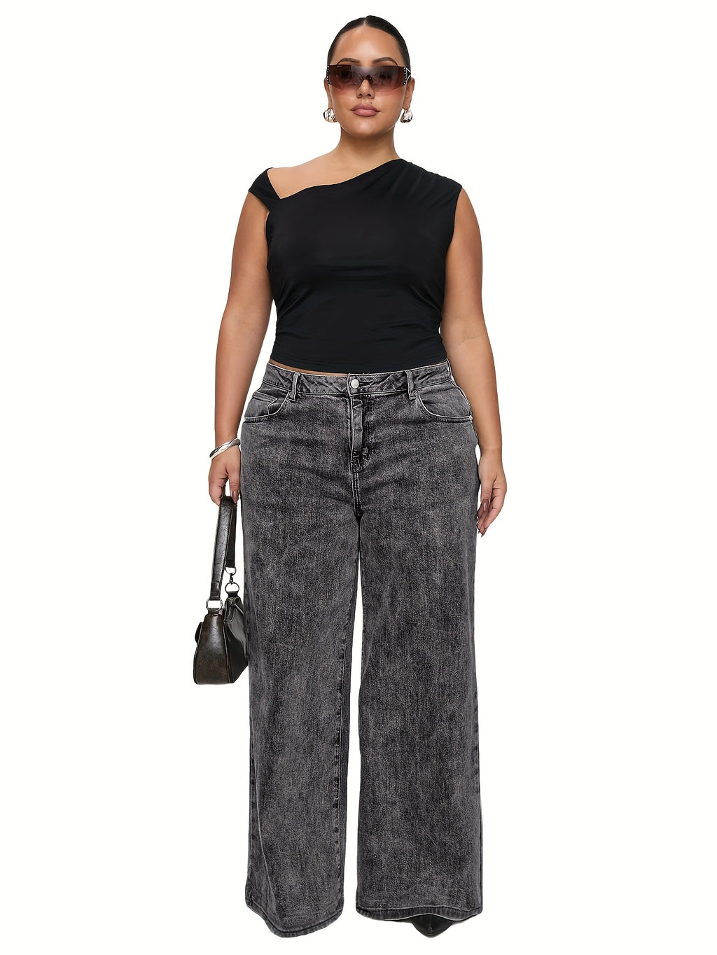 Jeans de ganga de tamanho grande para mulher, calças de perna larga cinzentas modernas e fashion para estilo europeu e americano, confortáveis e versáteis.