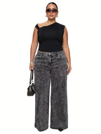 Jeans de ganga de tamanho grande para mulher, calças de perna larga cinzentas modernas e fashion para estilo europeu e americano, confortáveis e versáteis.