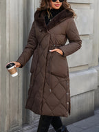 Casaco de inverno longo e quente com capuz forrado de pele sintética para mulher - Acolhedor e quente, com fecho de correr, ajuste solto e casual, cor castanha sólida, perfeito para looks de clima frio, casacos de inverno