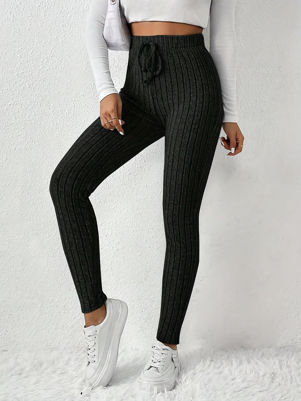Leggings de cintura alta em cor sólida com cordão falso, com nervuras, Skinny Casual Stretchy Leggings para uso diário, Roupa de mulher