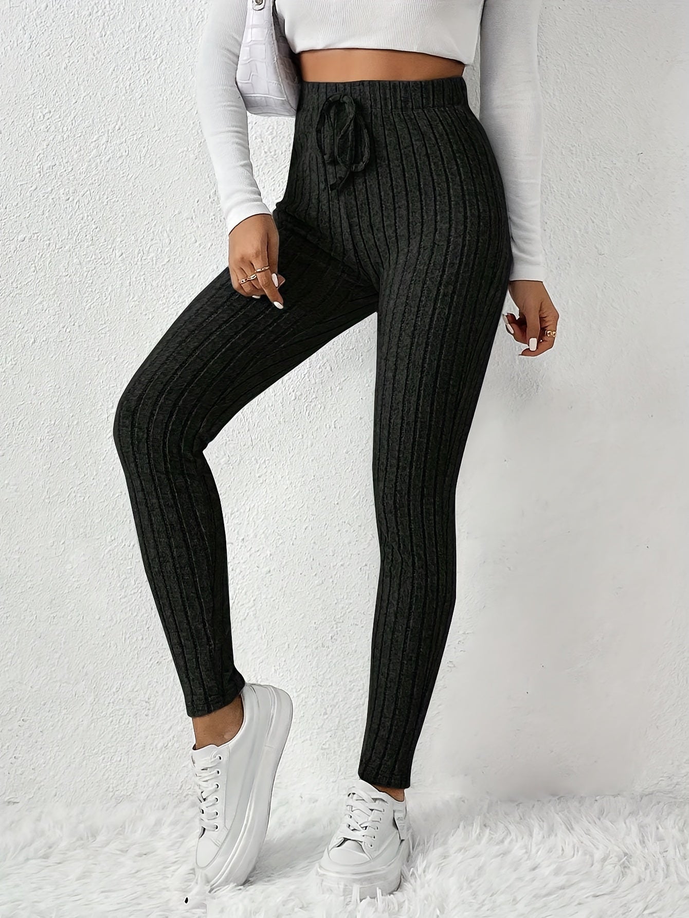 Leggings de cintura alta em cor sólida com cordão falso, com nervuras, Skinny Casual Stretchy Leggings para uso diário, Roupa de mulher
