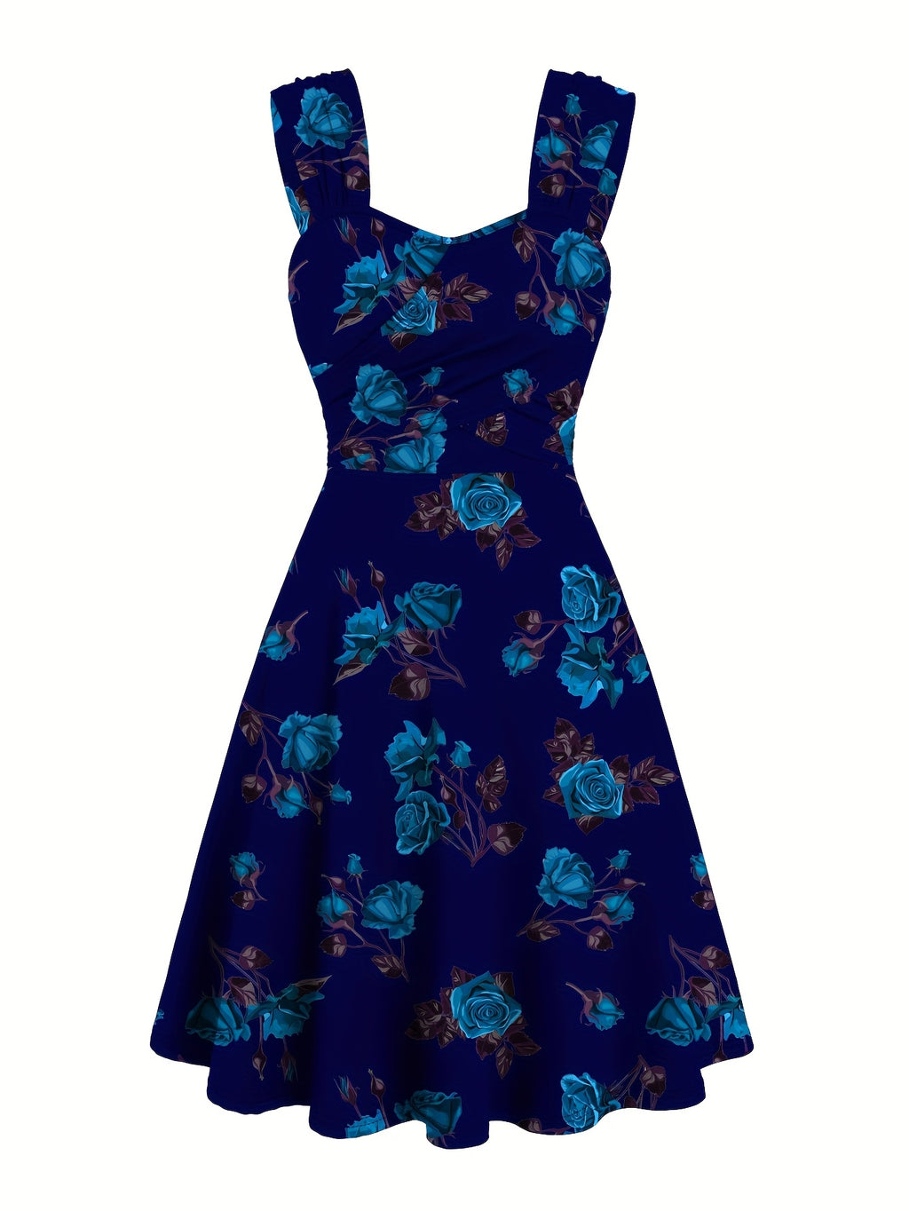 Vestido Feminino com Estampa de Rosa Vermelha e Ombros Descobertos com Alças Cruzadas à Frente & Franzidos - Vestido Elegante Casual em Linha A para Primavera Verão Outono, Moda Sazonal | Material Não Transparente, Vistosos