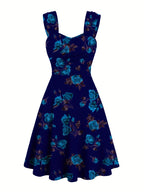 Vestido Feminino com Estampa de Rosa Vermelha e Ombros Descobertos com Alças Cruzadas à Frente & Franzidos - Vestido Elegante Casual em Linha A para Primavera Verão Outono, Moda Sazonal | Material Não Transparente, Vistosos