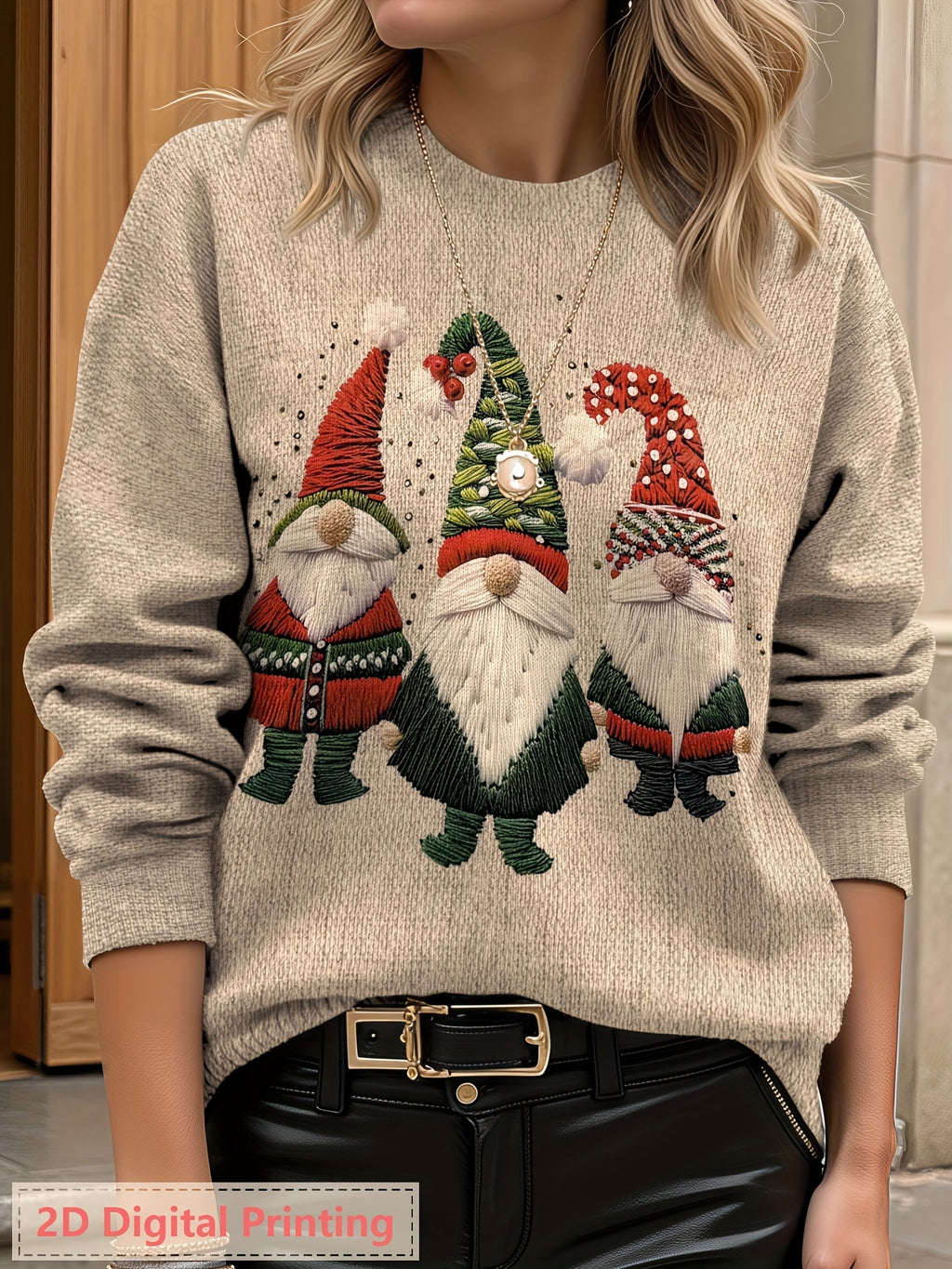 Camisola de Manga Comprida com Gola Redonda e Impressão 3D para Mulher - Design Ultra HD Gótico Corvo & Pai Natal, Impressão Integral Leve, Estilo Casual Elegante, Corte Normal