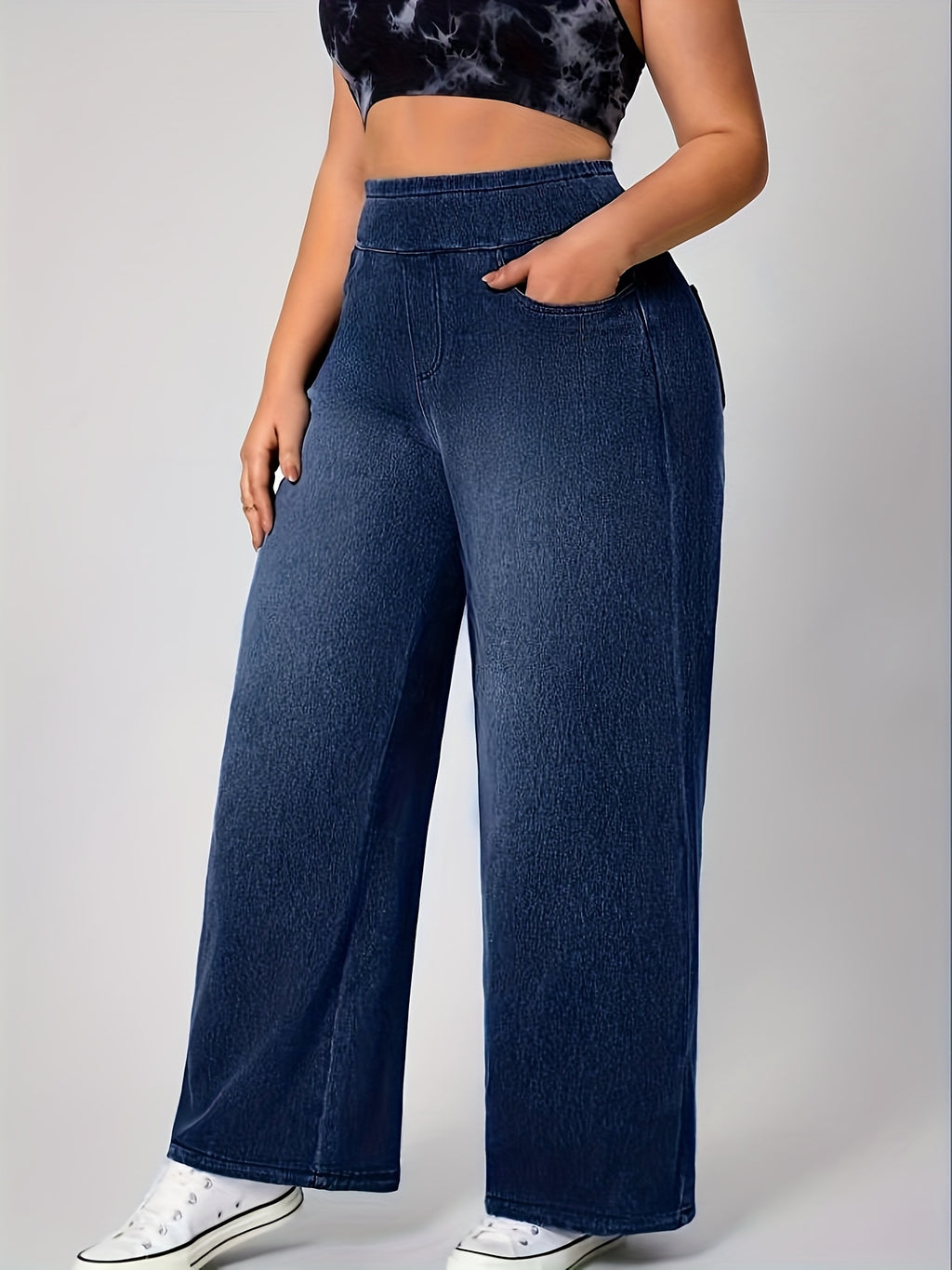 Jeans de ganga elásticos de cintura subida para mulher | Casual, para todas as estações, perna larga, elegantes, com bolsos
