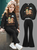 Conjunto de Moletom com Estampa de Golfinho Feng Shui e Calça Flare Ajustada para Meninas, Moda Fofa, Casual para Primavera, Outono e Inverno, Ideal para Uso ao Ar Livre