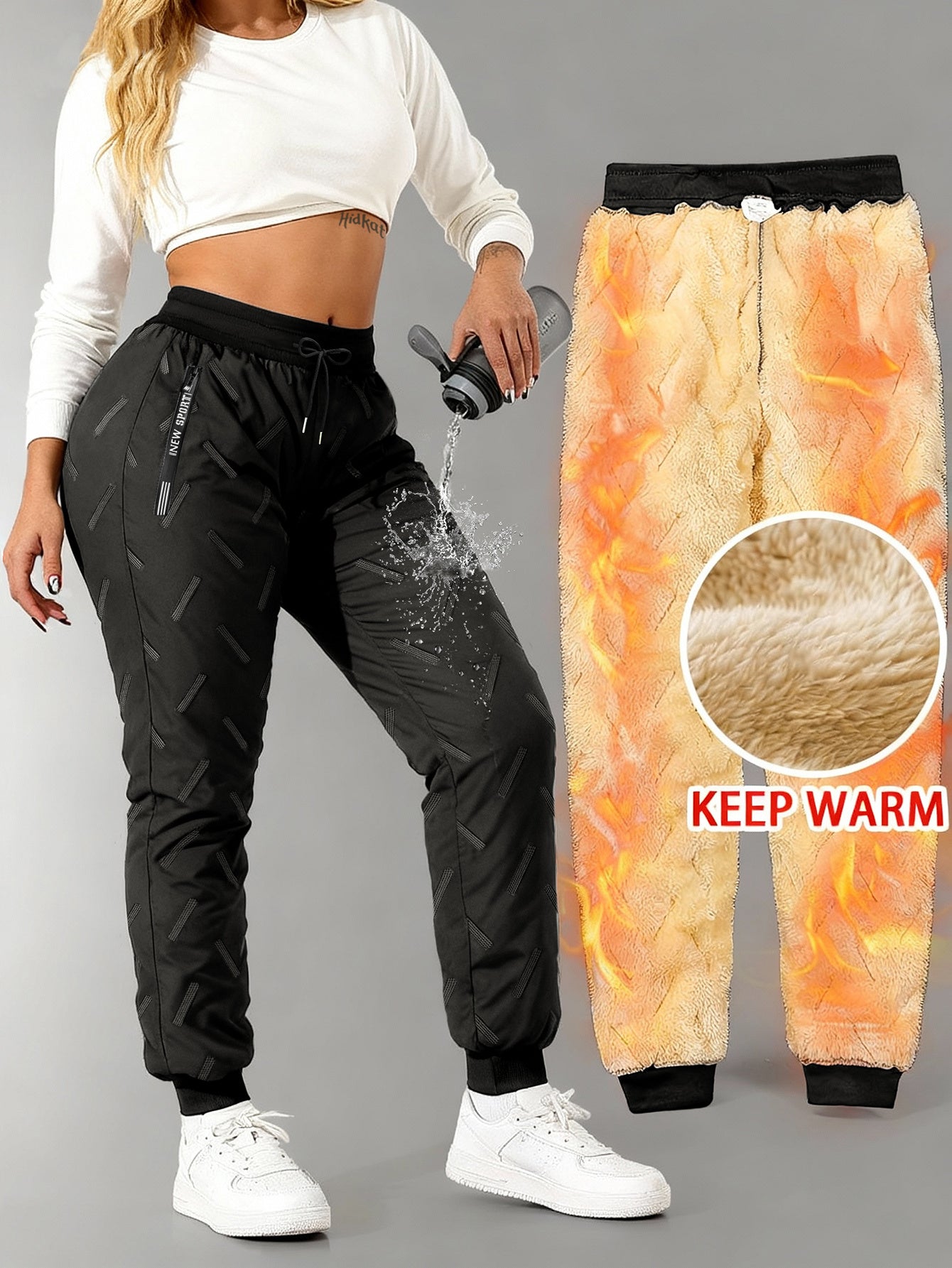 Calças de Inverno Femininas Forradas a Polar | Corte Larga com Bolsos com Zíper, Estilo Casual, Ideais para Uso Diário e Atividades ao Ar Livre, Presente de Natal Perfeito