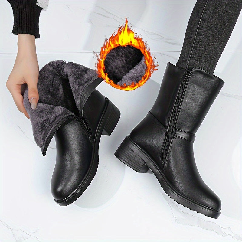Botas Femininas de Cano Médio, Botinhas Curtas Forradas com Pelúcia para Aquecimento no Inverno