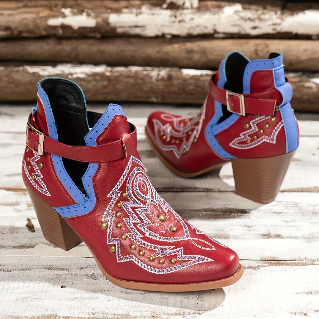 Botas de salto grosso com decoração de contas douradas para mulheres, design de fivela de moda, botas de tornozelo confortáveis para mulheres