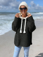 Blusa Feminina Elegante com Capuz - Suéter Semi-Transparente Macio e Detalhes de Franjas, Manga Longa Lavável na Máquina para Outono/Inverno, Casual ou Formal, Tecido Durável, Corte Relaxado