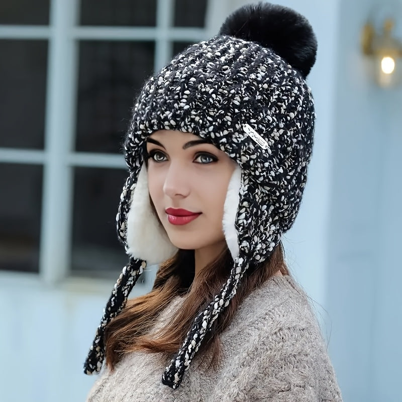 Gorro de Inverno Feminino em Fleece com Abas Desmontáveis e Pom-Pom - Fechamento Elástico por Cordão, Branco/Preto/Cinza/Bege- - Gorro Quente para Esqui, Snowboarding, Atividades ao Ar Livre no Tempo Frio