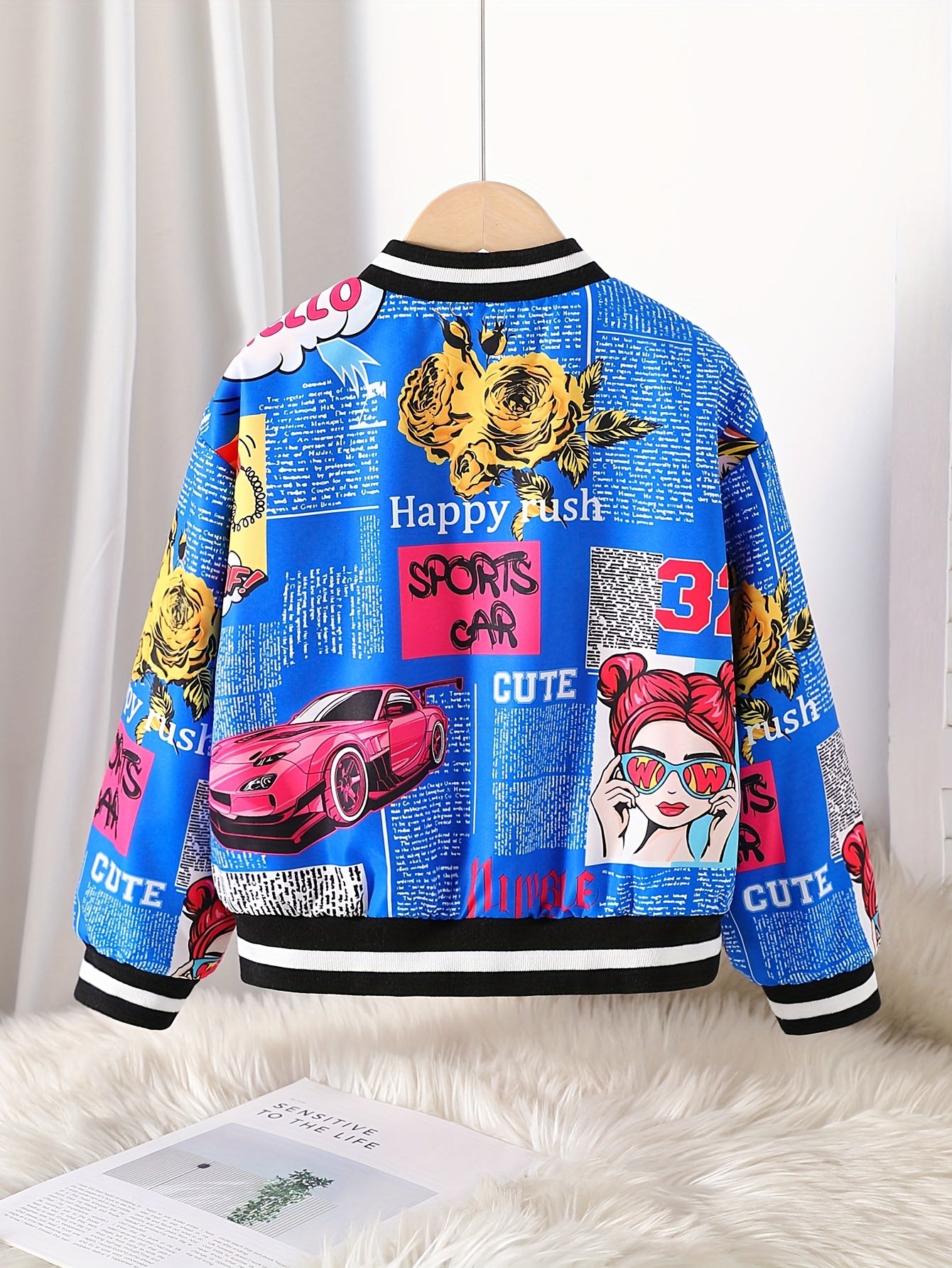 Jaqueta Bomber Aconchegante com Forro de Fleece e Estampa de Pop Art para Meninas - Casaco Casual com Zíper Estilo Baseball para Outono/Inverno, Tamanhos 130-170