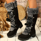 Botas de Inverno Elegantes para Mulheres com Forro de Pele Sintética - Botas de Cano Médio Aconchegantes com Salto Grosso, Detalhes de Pompom e Zíper Lateral | Botas Térmicas Isoladas para Clima Frio, Botas de Inverno