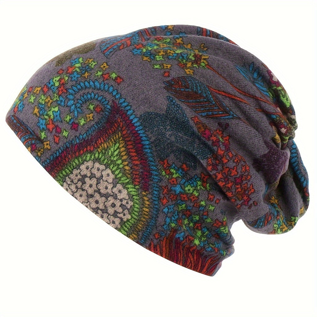 Conjunto de 4 Gorros de Boêmia Estilo para Mulheres com Padrões Florais - um Lenço de Cabeça Confortável e Leve Adequado para Outono e Inverno, Esticado Ouf para Uso em Quimioterapia, Somente Lavagem à Mão, com Designes de Penas Brilhantes e Florais em Cinza, Vermelho, Azul e Preto, Oferecendo Chapéus Confortáveis.
