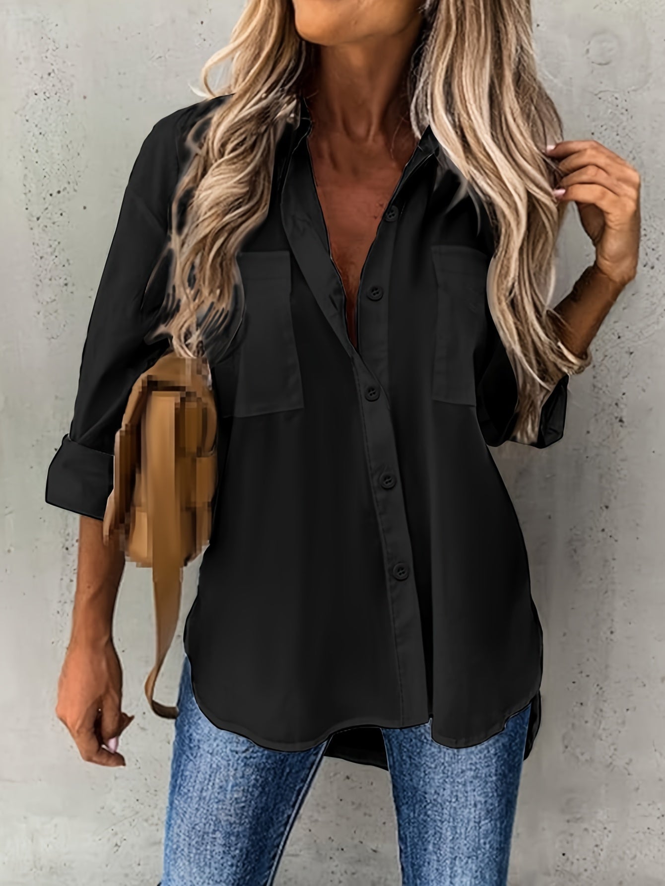Camisa de botão casual de manga comprida para mulher - Cor sólida, corte relaxado, design de manga 3/4 com bolso no peito, top versátil para todas as estações para atuário casual, vestuário casual | Camisa de corte relaxado | Frente de botão