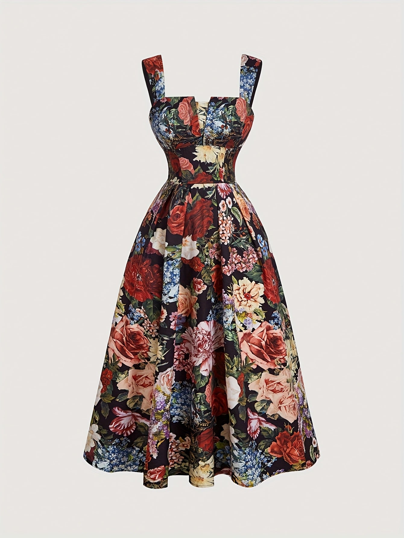 Vestido A-Line Elegante com Estampa Floral para Mulheres com Detalhe de Franzido - Estilo Vintage, Sem Mangas, Decote Redondo, Poliéster Leve para Festas de Primavera/Verão e Saídas Casuais, Vestido Floral