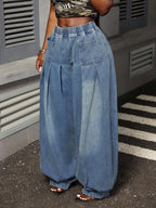 Jeans Elegantes e Largos para Mulher | Para Todas as Estações, Cor Lisa, Tecido Ligeiramente Elástico, Design Moderno e Elegante