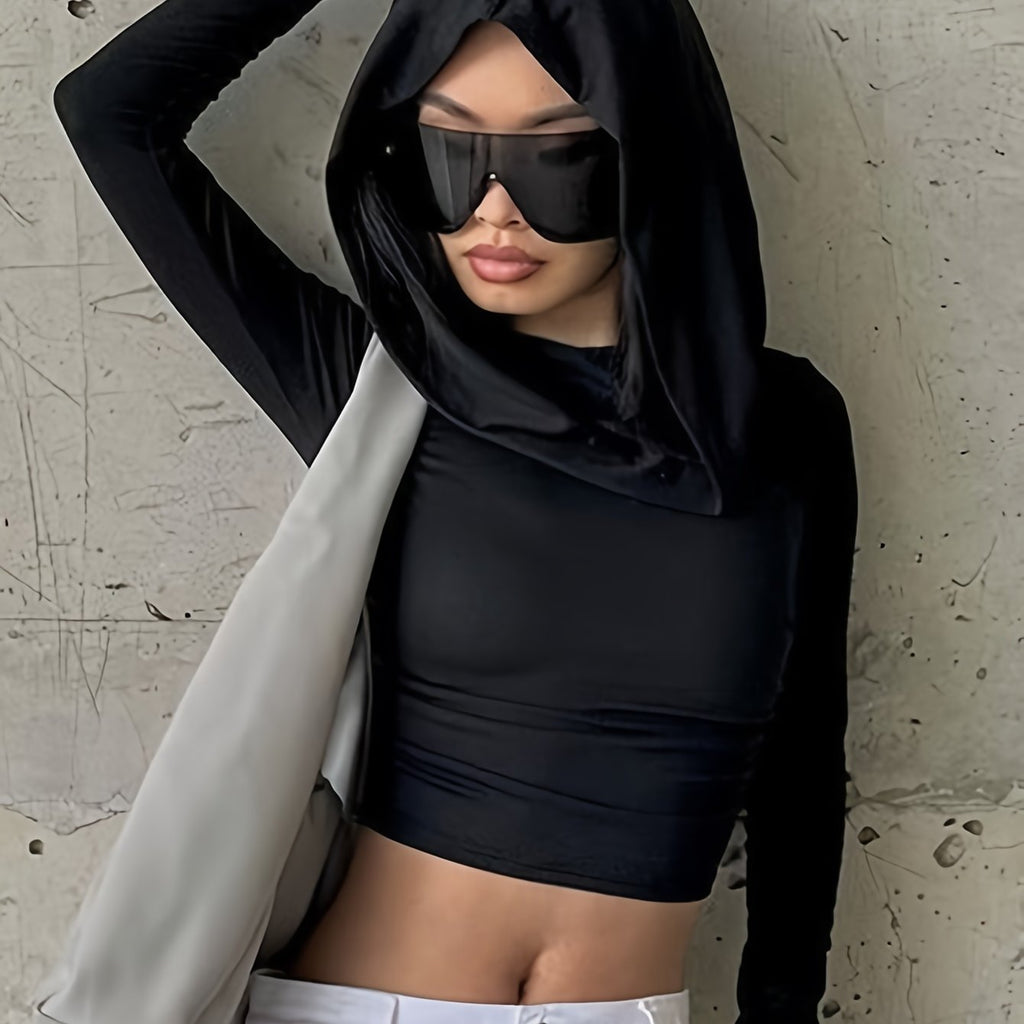 Chic Solid Hooded Crop Top - Minimalist Elegance