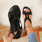 Sandálias Planas de Moda de Verão para Mulheres - Estilo Casual de Férias com Dedo do Pé Aberto, Parte Superior Bordada a Listras e Tira Elástica Trançada para Uso Confortável, Sandálias de Verão