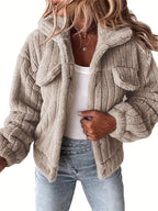 Casaco de Inverno Feminino com Gola de Pelúcia Realista - Casaco Teddy Bege, Lavável à Máquina, Manga Longa Macia para Outono/Inverno, Uso Casual ou Elegante (Sem Design) - Casaco Faux Teddy Aconchegante