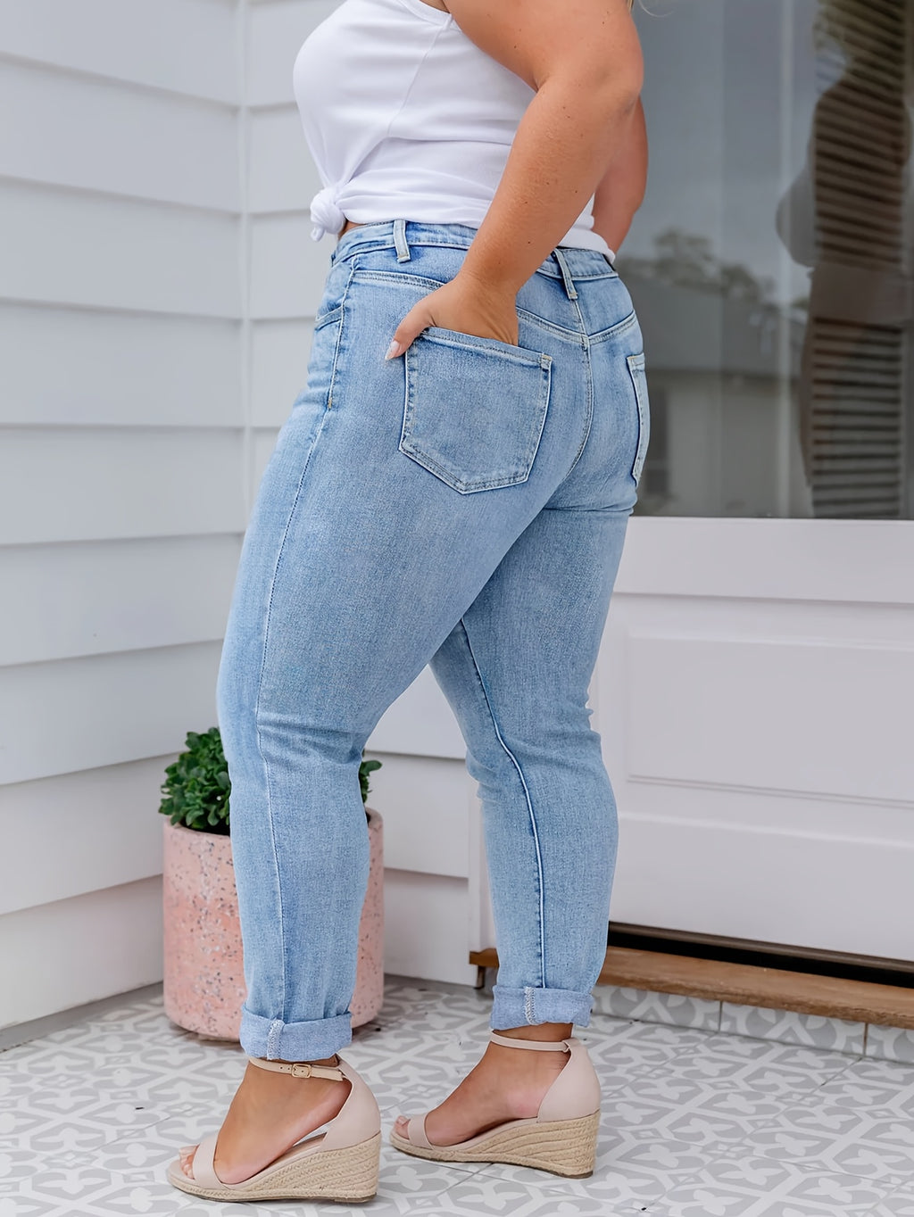 Calças de ganga justas de cintura alta para mulheres de tamanho grande - Calças elásticas não transparentes com fecho de correr, ganga elástica para mulheres curvas, calças de ganga justas para todas as estações, roupas de todos os dias e formais, calças de ganga para senhoras, moda confortável, tecido durável, roupa casual, ajuste slim, material respirável, calças elegantes, amantes da moda