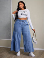 Calças Jeans Femininas de Cintura Alta e Perna Larga sem Elasticidade com Fivela de Cinto e Bolsos - Bainha com Babado para Todas as Estações, do Casual ao Formal, Resistente a Rugas (Lavagem Manual Apenas) - Leggings com Comprimento de Jeans