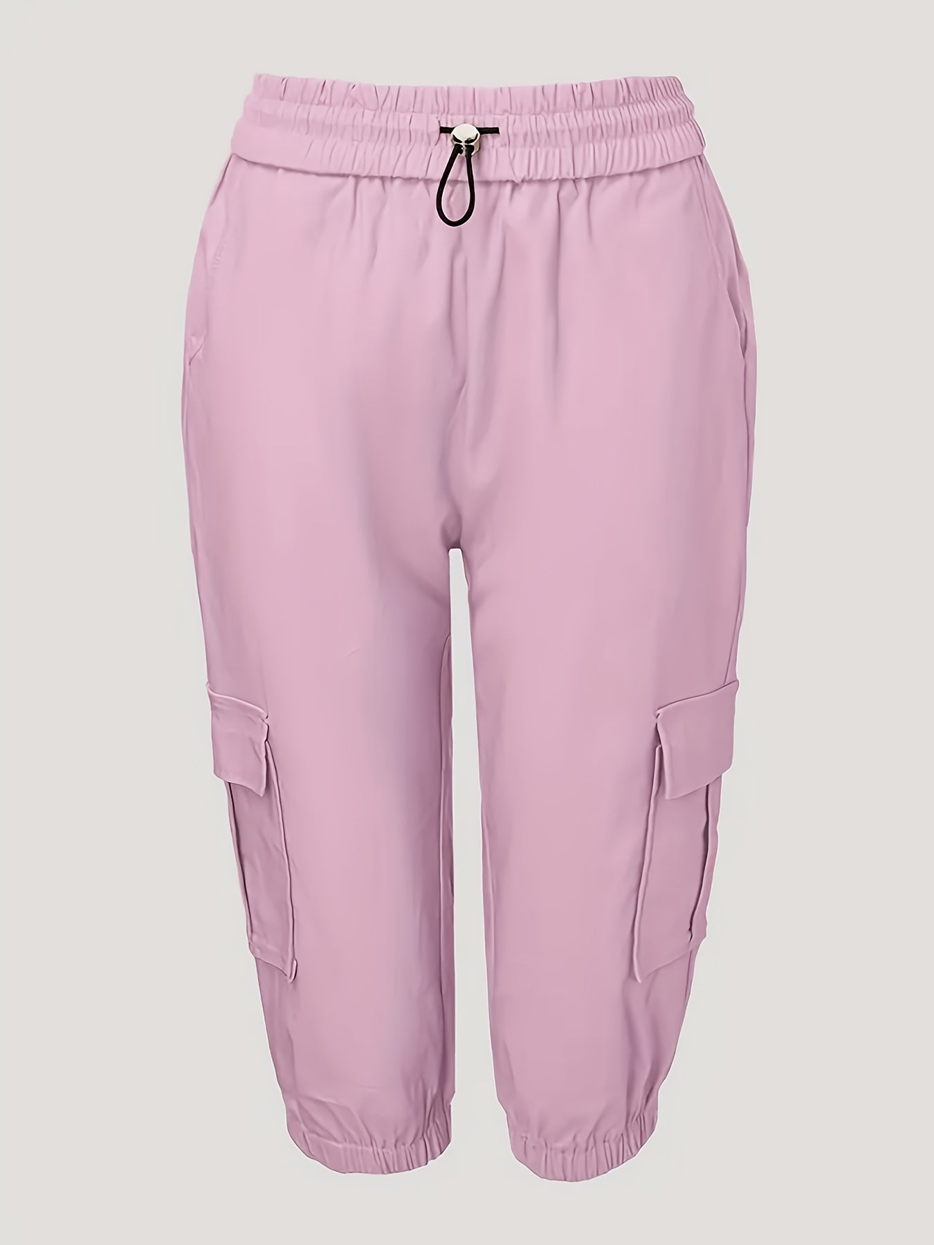 Shorts Cargo Plus Size Femininos - 100% Poliéster, Cintura com Cordão, Ajuste Solto e Comprimento Médio, Múltiplos Bolsos, Lavável na Máquina para Primavera/Verão/Outono, Viagens e Lazer, Essenciais de Férias