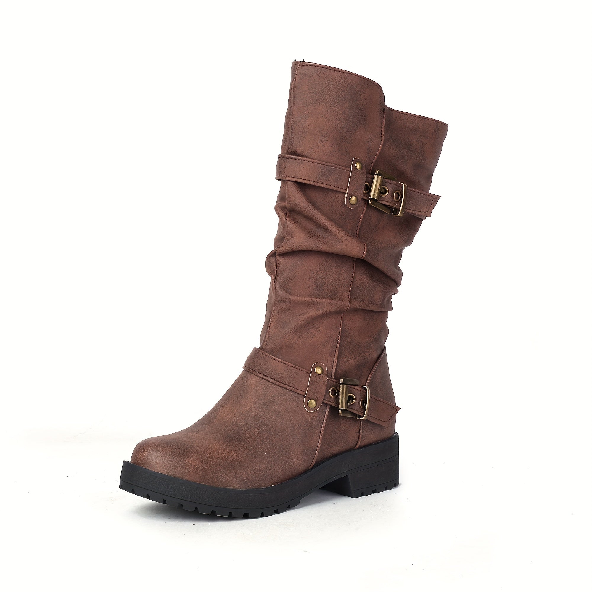 Botas de cano médio estilo retro para mulher com parte superior falsa, forro de lã, salto baixo e fecho de correr para o inverno