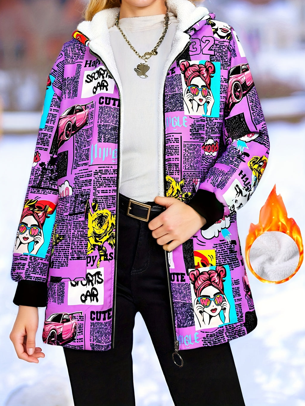 Jaqueta Casual com Capuz para Mulheres Adultas, Estampa Pop Graffiti e Forro, Outono/Inverno