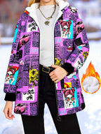 Jaqueta Casual com Capuz para Mulheres Adultas, Estampa Pop Graffiti e Forro, Outono/Inverno