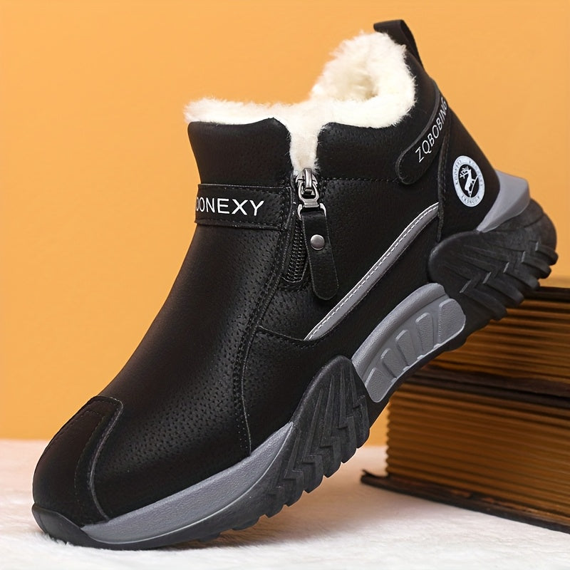 Botas de Neve Unissex para Inverno, Simples e Modernas em Cores Sólidas de Cinza, Preto, Caqui, Design Superior em PU, Design de Calçar Fácil, Sola de PVC Espessa e Macia Resistente ao Desgaste com Aderência Forte, Forrada para Calor e Conforto, Sapatos Deslizantes para Preguiça, Adequados para