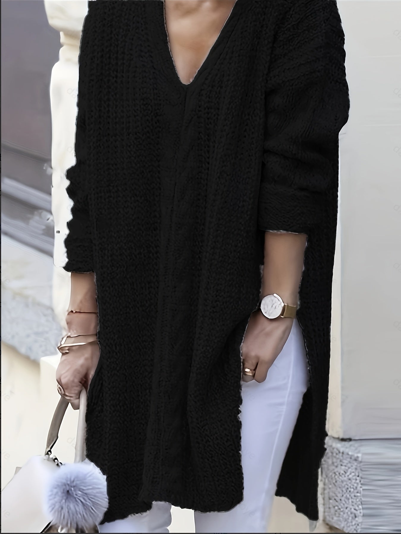 Suéter Casual de Manga Longa com Decote em V para Mulheres Plus Size