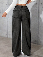 Jeans de Denim Lavados Vintage Femininos - Corte Reto Relaxado, Calças Casuais Não Elásticas com Design Clássico de Cinco Bolsos para Conforto em Todas as Estações, Vestuário Casual, Construção Durável, Roupa Confortável, Material Resistente, Calças Wideleg, Estilo Descontraído