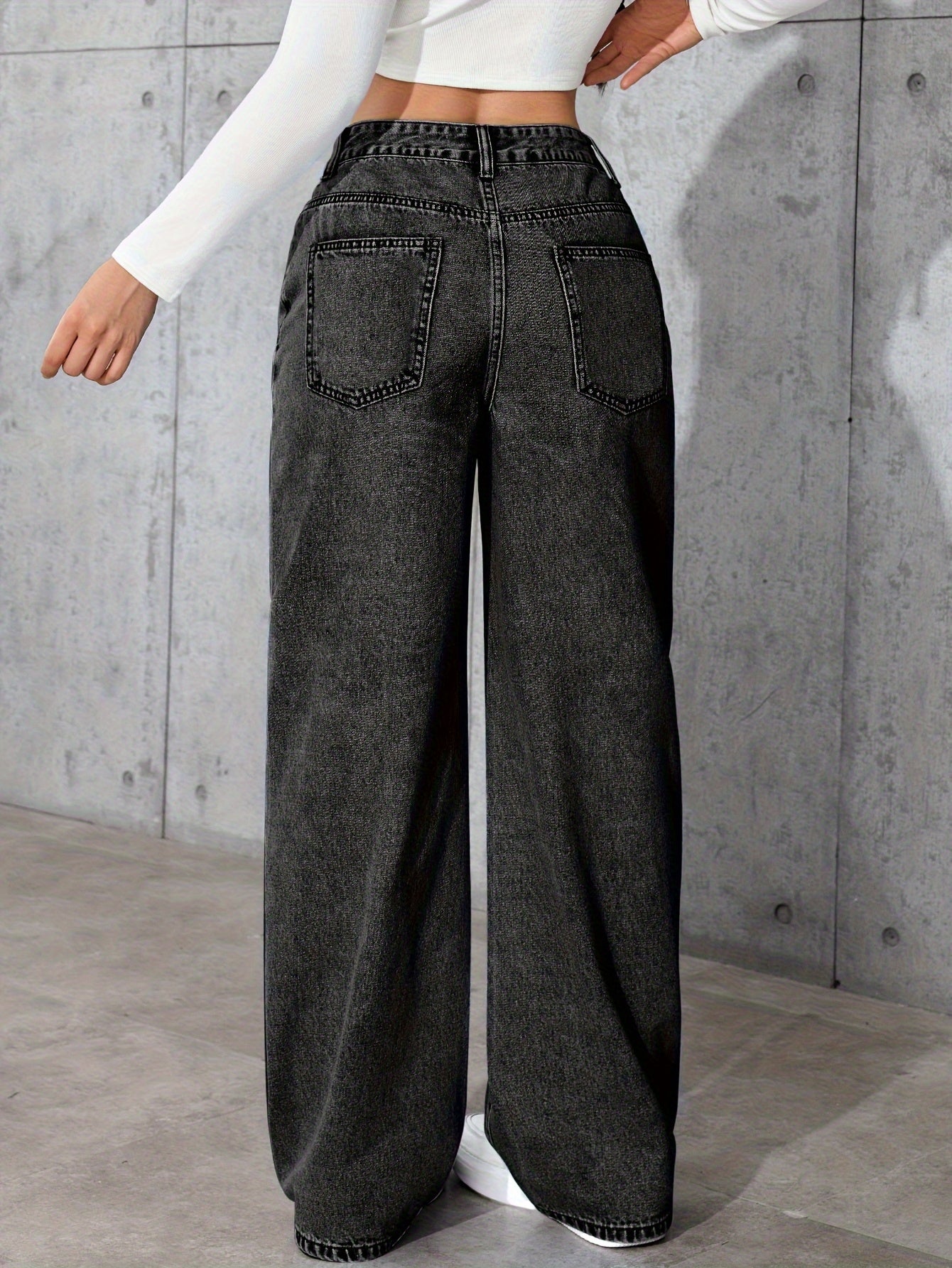 Jeans de Denim Lavados Vintage Femininos - Corte Reto Relaxado, Calças Casuais Não Elásticas com Design Clássico de Cinco Bolsos para Conforto em Todas as Estações, Vestuário Casual, Construção Durável, Roupa Confortável, Material Resistente, Calças Wideleg, Estilo Descontraído