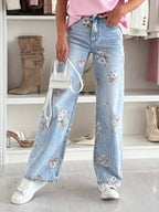Calças Jeans Femininas de Perna Larga com Estampa de Folhas Florais, Bolsos com Zíper e Botão, Calça Jeans Reta e Casual