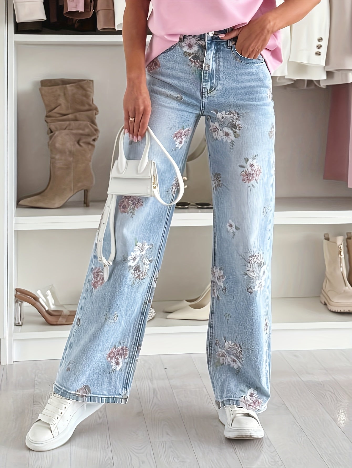 Calças Jeans Femininas de Perna Larga com Estampa de Folhas Florais, Bolsos com Zíper e Botão, Calça Jeans Reta e Casual