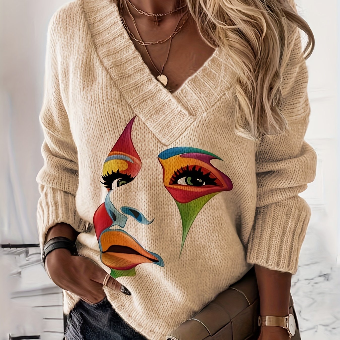 Stylish V-Neck Casual Blouse with Contrast Print