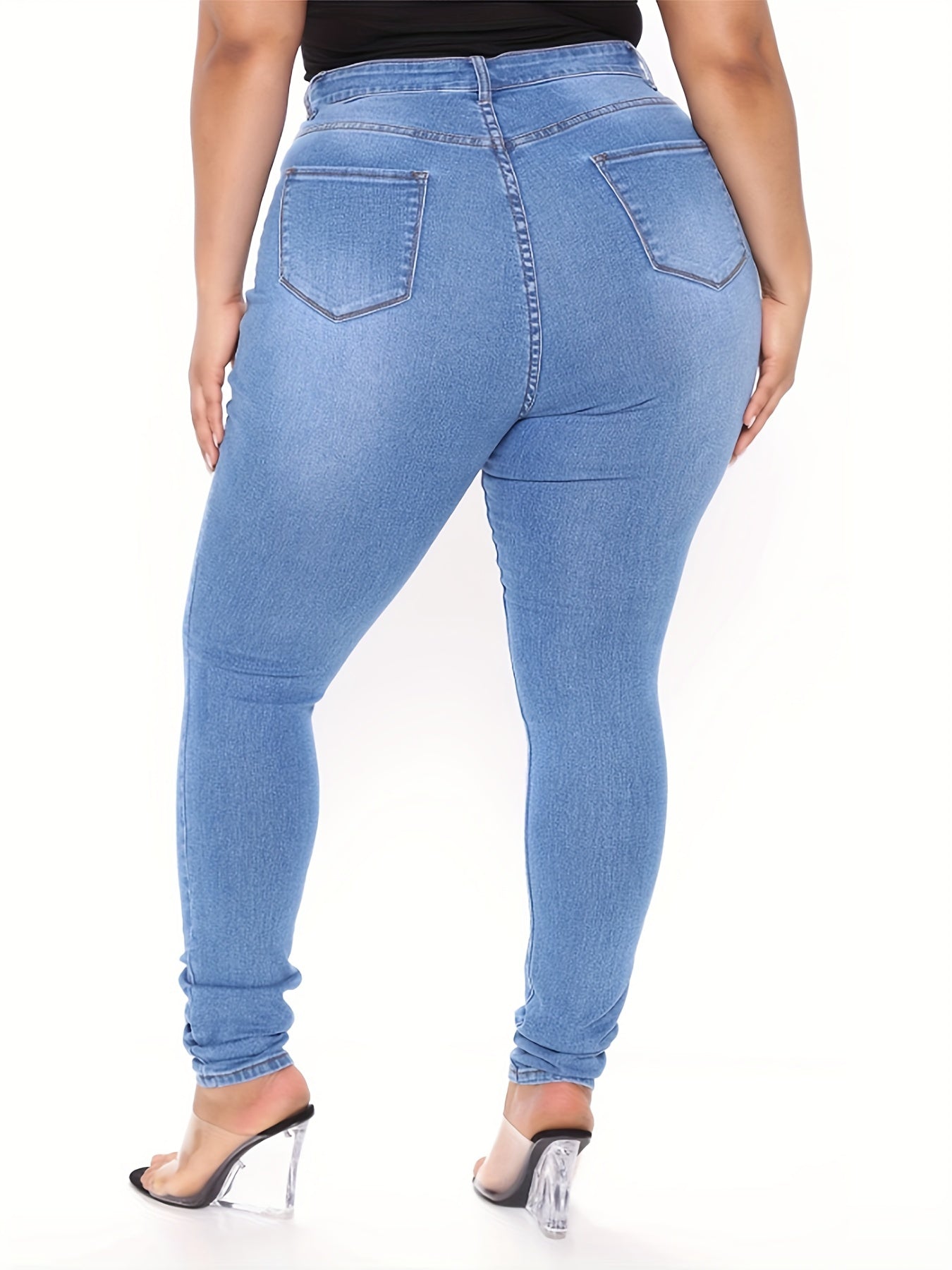 Calças de ganga de cintura alta para mulheres - Ajuste fino, denim azul claro, estilo casual, fecho de correr, conforto para todas as estações, calças de ganga de cintura alta, moda confortável, tecido durável