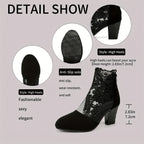 Botas Femininas de Tornozelo: Preto com renda bordada - salto bloco em malha, estilo Gótico e Bohemian. Presente ideal para mulheres, perfeitas para vestidos elegantes, festas, casamentos e viagens