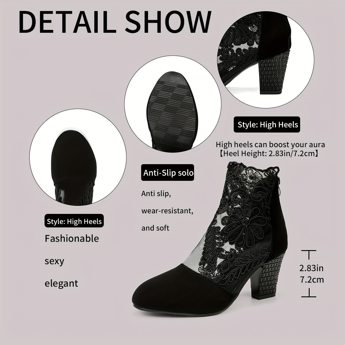 Botas Femininas de Tornozelo: Preto com renda bordada - salto bloco em malha, estilo Gótico e Bohemian. Presente ideal para mulheres, perfeitas para vestidos elegantes, festas, casamentos e viagens