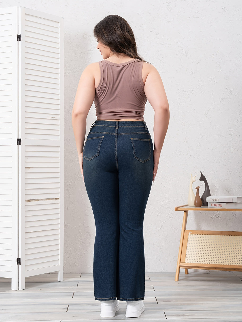 25AW Calças Flare Elegantes de Cintura Alta e Ajuste Slim, Elásticas, Denim Lavado Azul, Para Todas as Estações, Moda Versátil | Calças Flare | Ajuste Slim Confortável, Zíper, Calças Longas Casuais para Primavera/Outono, Roupas de Primavera/Outono | Denim Lavado Vintage | Jeans Plus Size