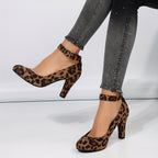 Salto bloco feminino, bombas elegantes de cor sólida, saltos com tira de fivela da moda