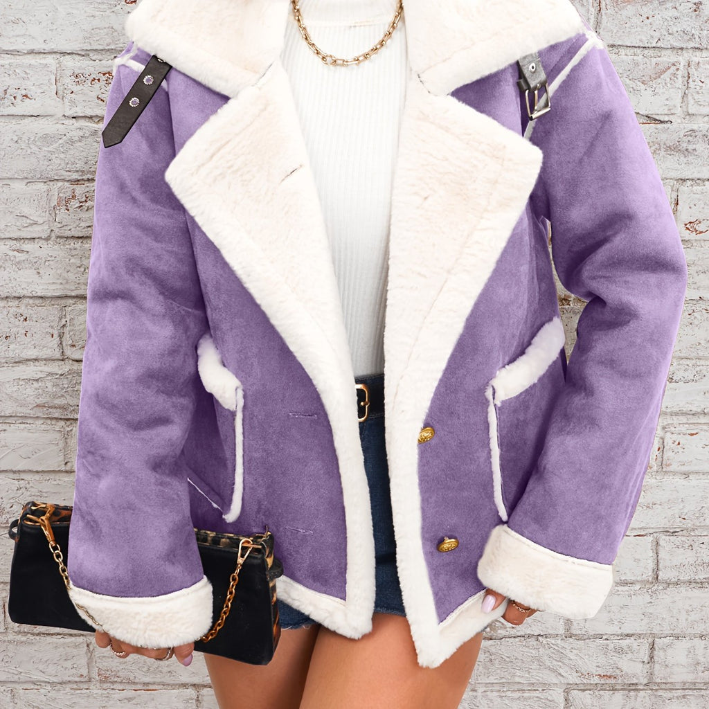 Chic Women's Winter Coat with Pink and White Collar